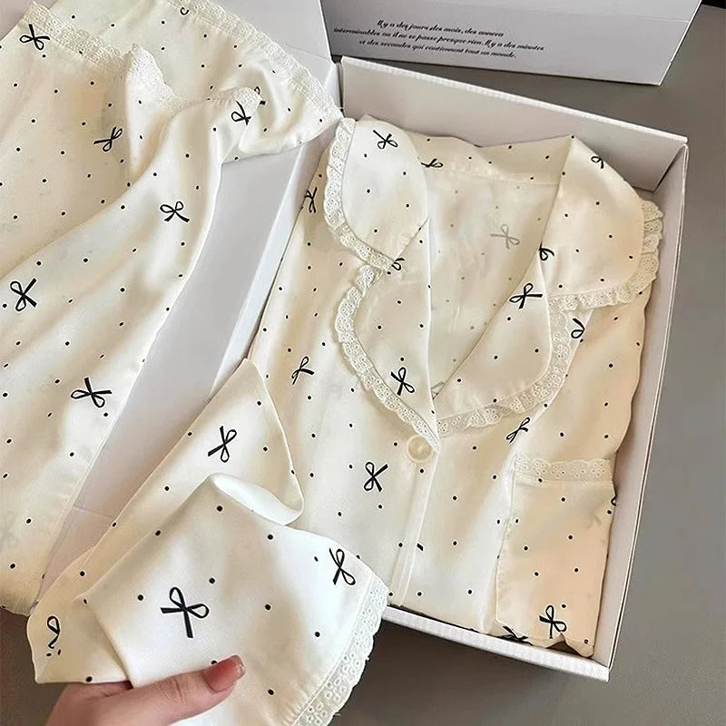 French-Inspired Chic High-Fashion Bow-Adorned Ice-Silk Lace-Trimmed Long-Sleeved Trouser Pajamas