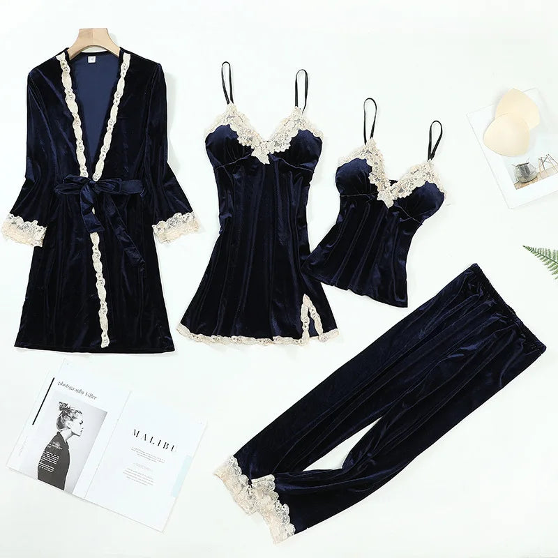 Velvet Lace Long Sleeve Set with Chest Pad Strap Four-piece