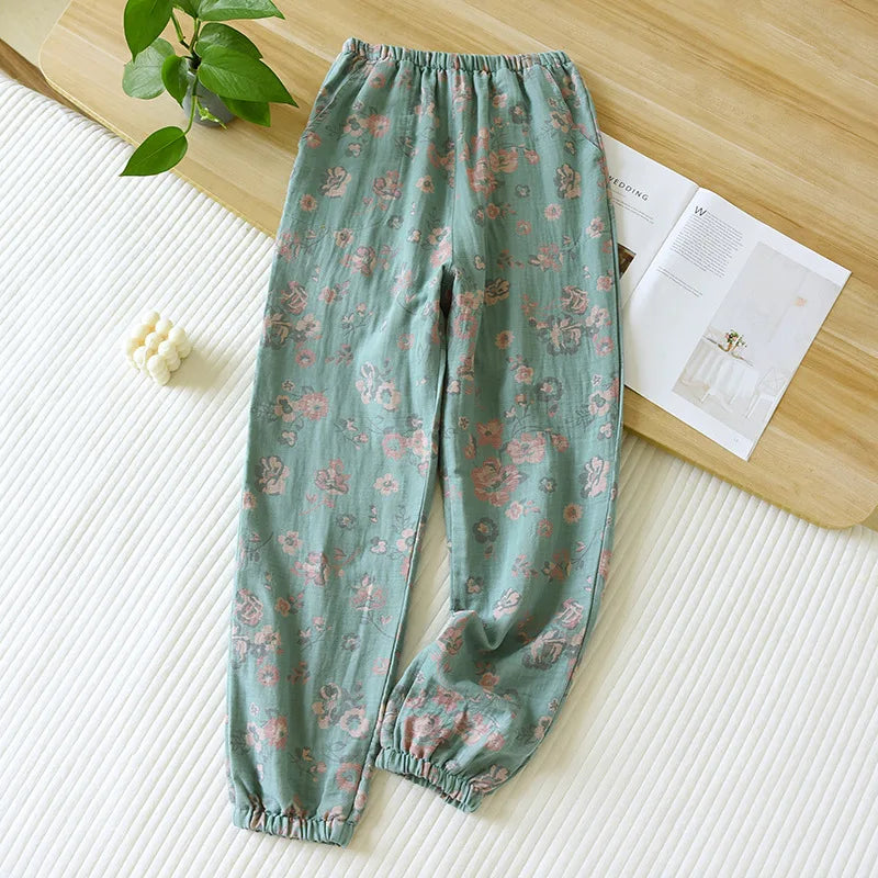 Jacquard Cute and Fresh Flower Pants 100% Cotton Loose Closing Home Pants