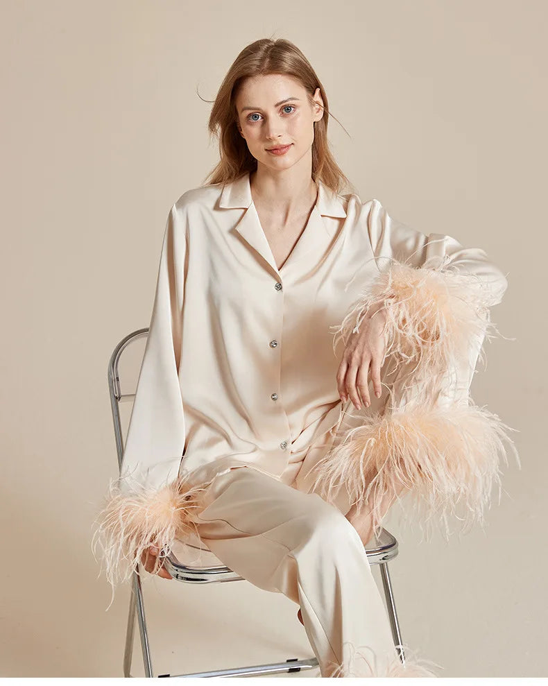 Luxury Feathers 2Pcs Silk Satin Long Sleeve Trouser Elegant Home Wear