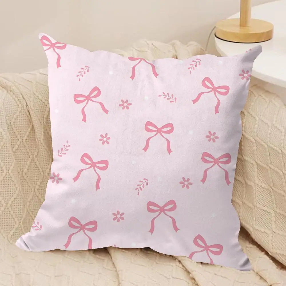 Pink Bow Cherry Cushion Cover Soft Plush Fabric Double-Sided