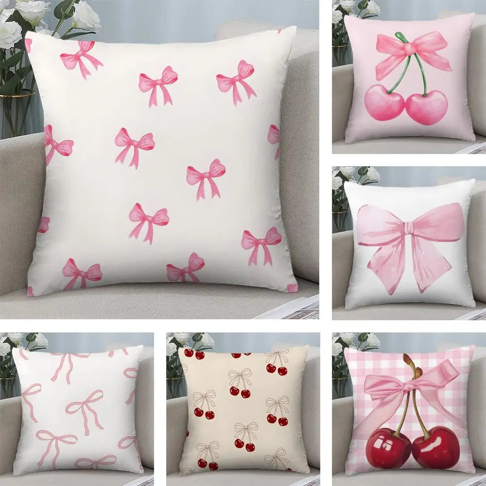 Pink Bow Cherry Cushion Cover Soft Plush Fabric Double-Sided