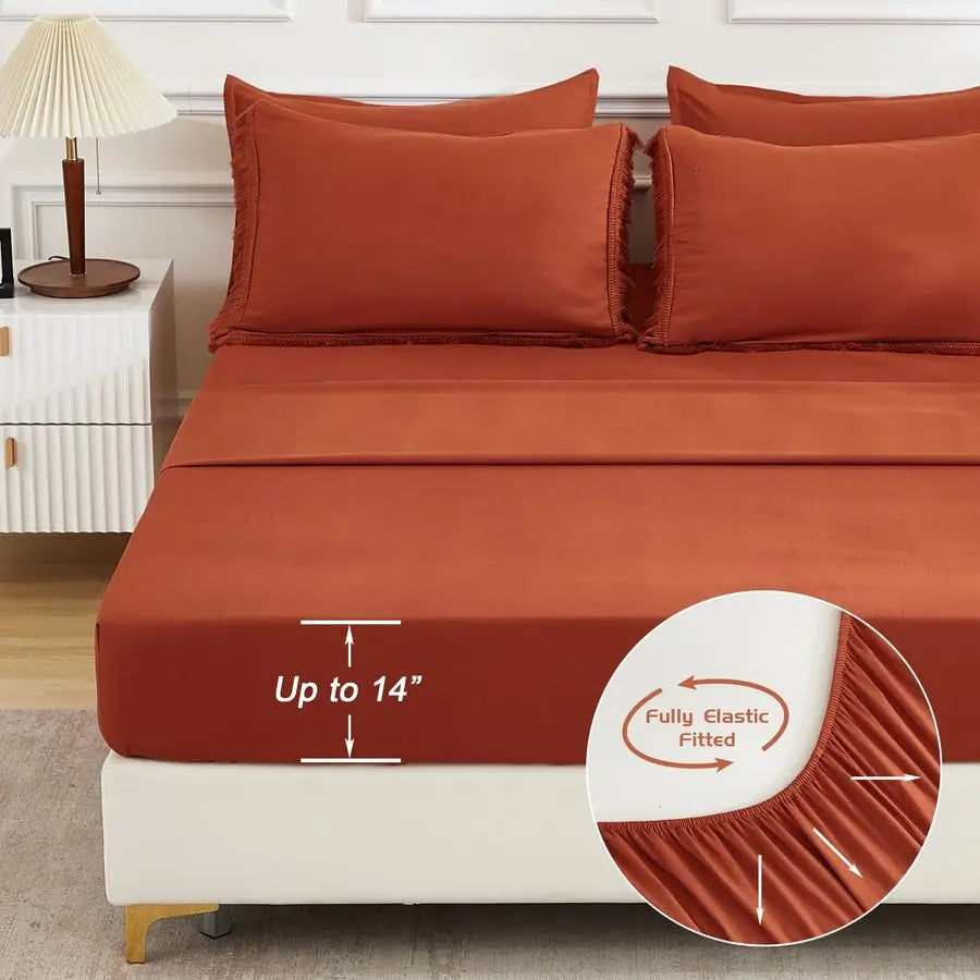 King Size Comforter Set with Sheets Burnt Orange 7 Pieces Bed in a Bag Boho Soft Lightweight Bedding Sets,l Terracotta Rust Tasse