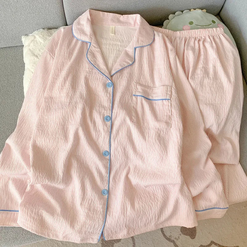 Cloud Soft Cotton ong-Sleeved Top with Long Trousers Sweet and Cute Pajama Set