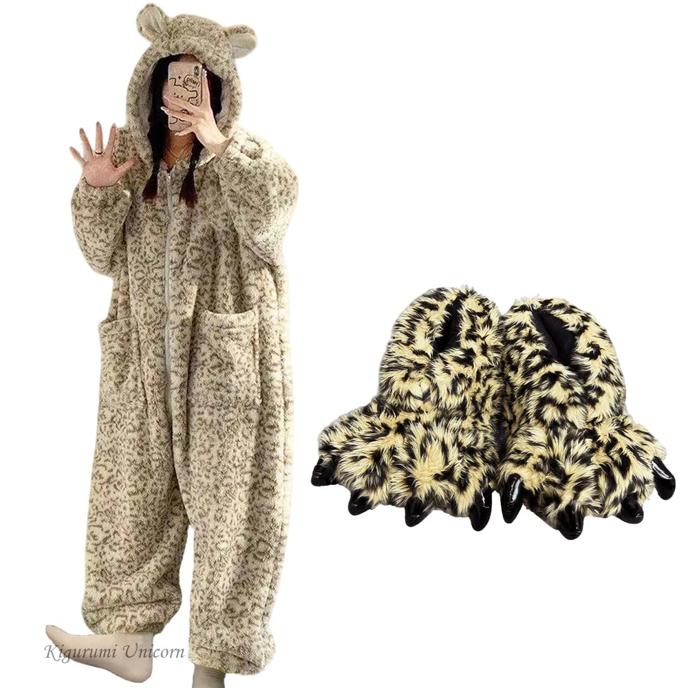 Leopard Hooded Onesie Flannel Pochets Overall Slippers Set
