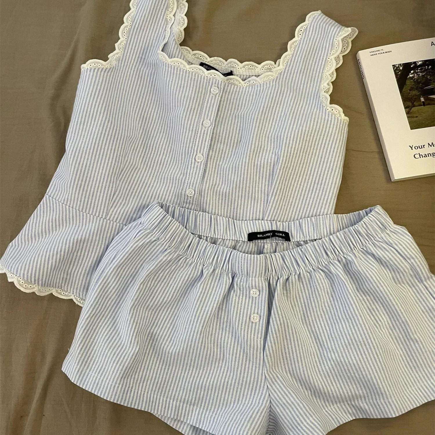 Striped Women Summer Sleeveless Shorts Sets 2 Pieces Lace Night Wears