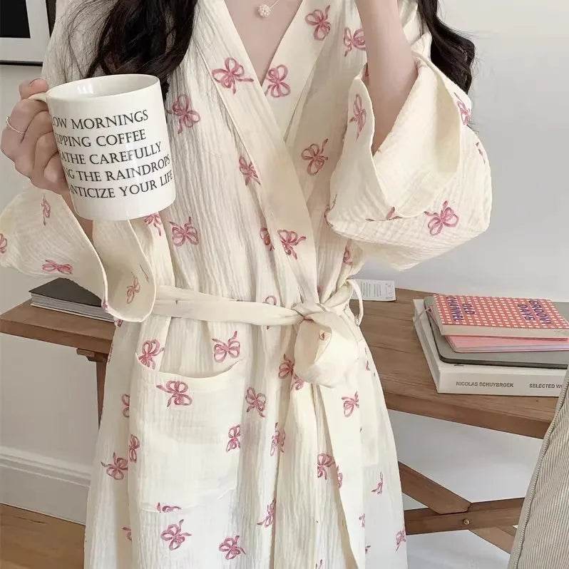 Korean-Style Pink Bow Casual Loose-Fit Loungewear Gown