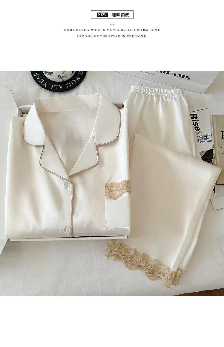 Silk Nightwear Luxurious Lace Trim Long-Sleeved Lightweight Set