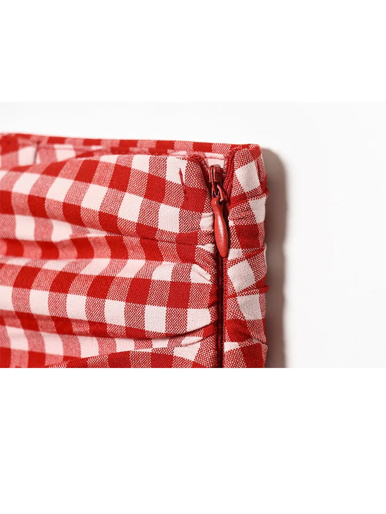 Vintage Red White Plaid 2-Piece Set Collar Zipper Sleeveless Vest+Side Slim Pant