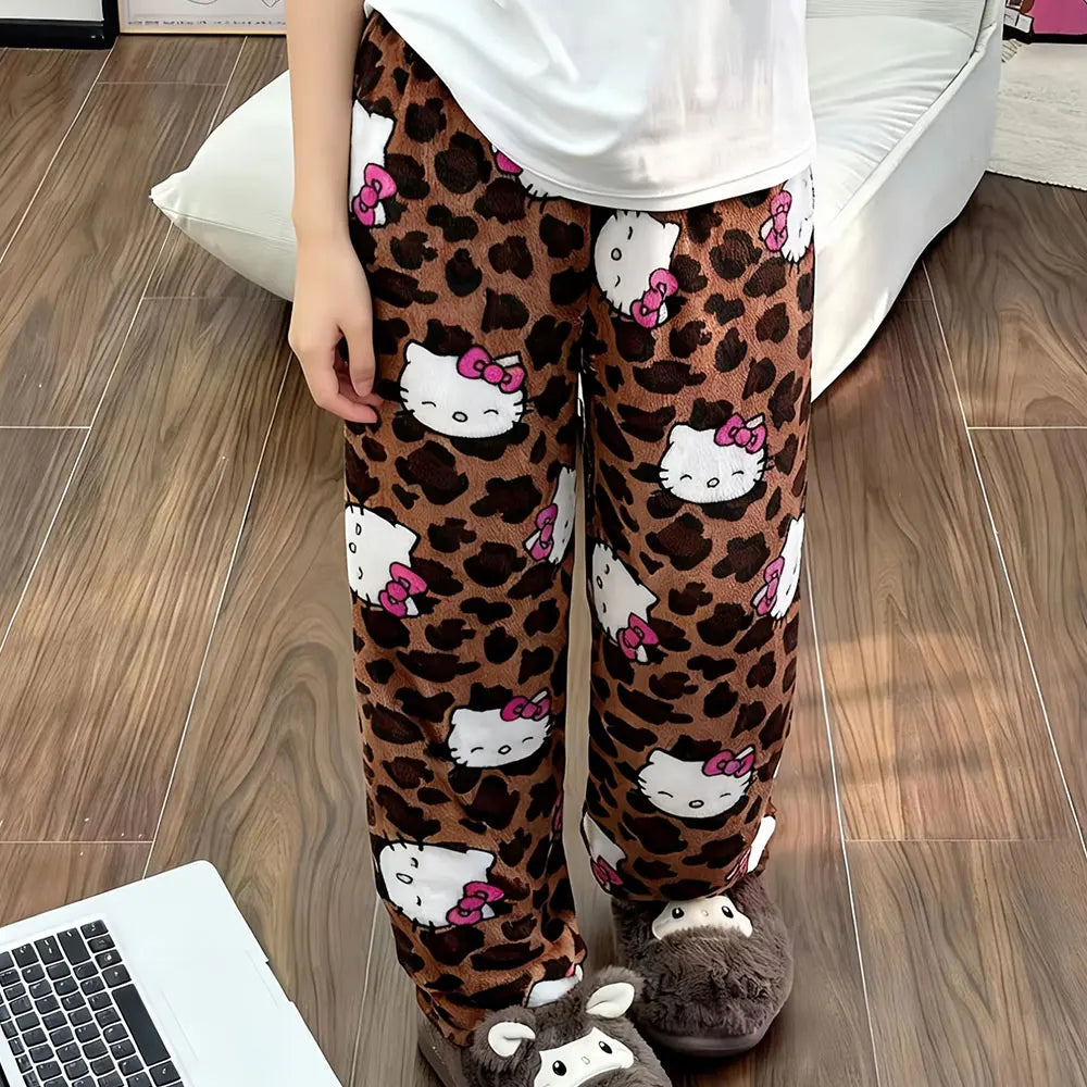 Y2K Leopard Print Pajamas Pants Anime Hello Kitty Sleepwear Trousers