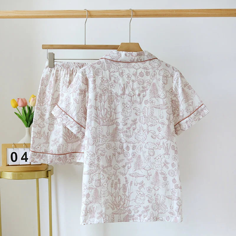 Double Layer Gauze Breathable Cotton Fashion Print Short Sleeved Soft Thin Two-piece Pajama Set