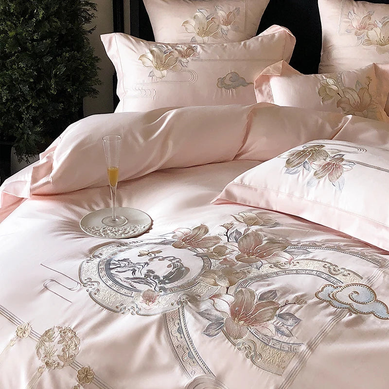 Flowers Bird Embroidery Luxury Bedding Set 1000TC Egyptian Cotton Duvet Cover Bed Sheet Pillowcases 4/5Pcs