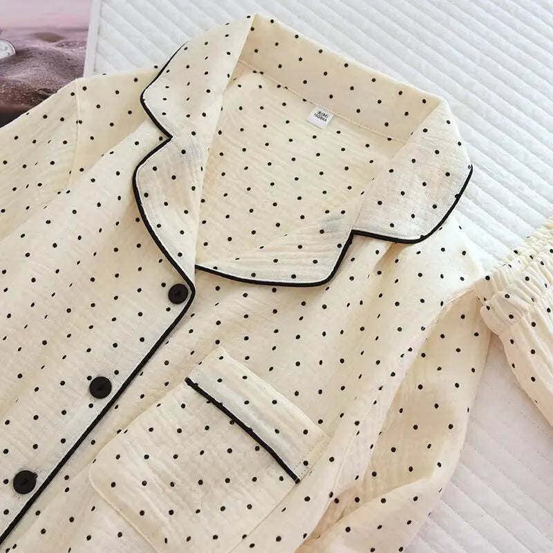 Women's Cute Polka Dot 100% Cotton Crepe Long-sleeved Trousers Two-piece Pajama Set