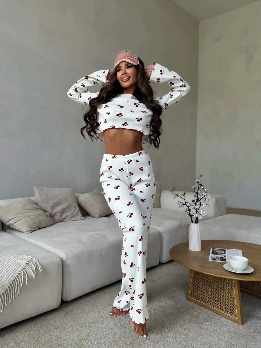 Y2K-Style Two-piece Cherry/Heart Print Cuffed-Long-Sleeve Tops and Long Trousers