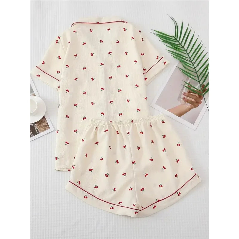 Cherry Print Cardigan Loungewear Short Sleeve Shorts