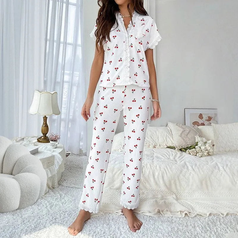 Lace Collar Printed Shirt Trousers Loungewear