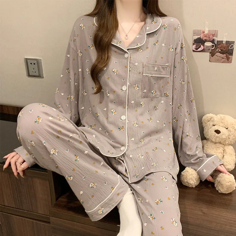 Women's Pajamas Loungewear Girl Love Cardigan Pajamas Crinkled Fabric Loungewear Long Sleeve Set