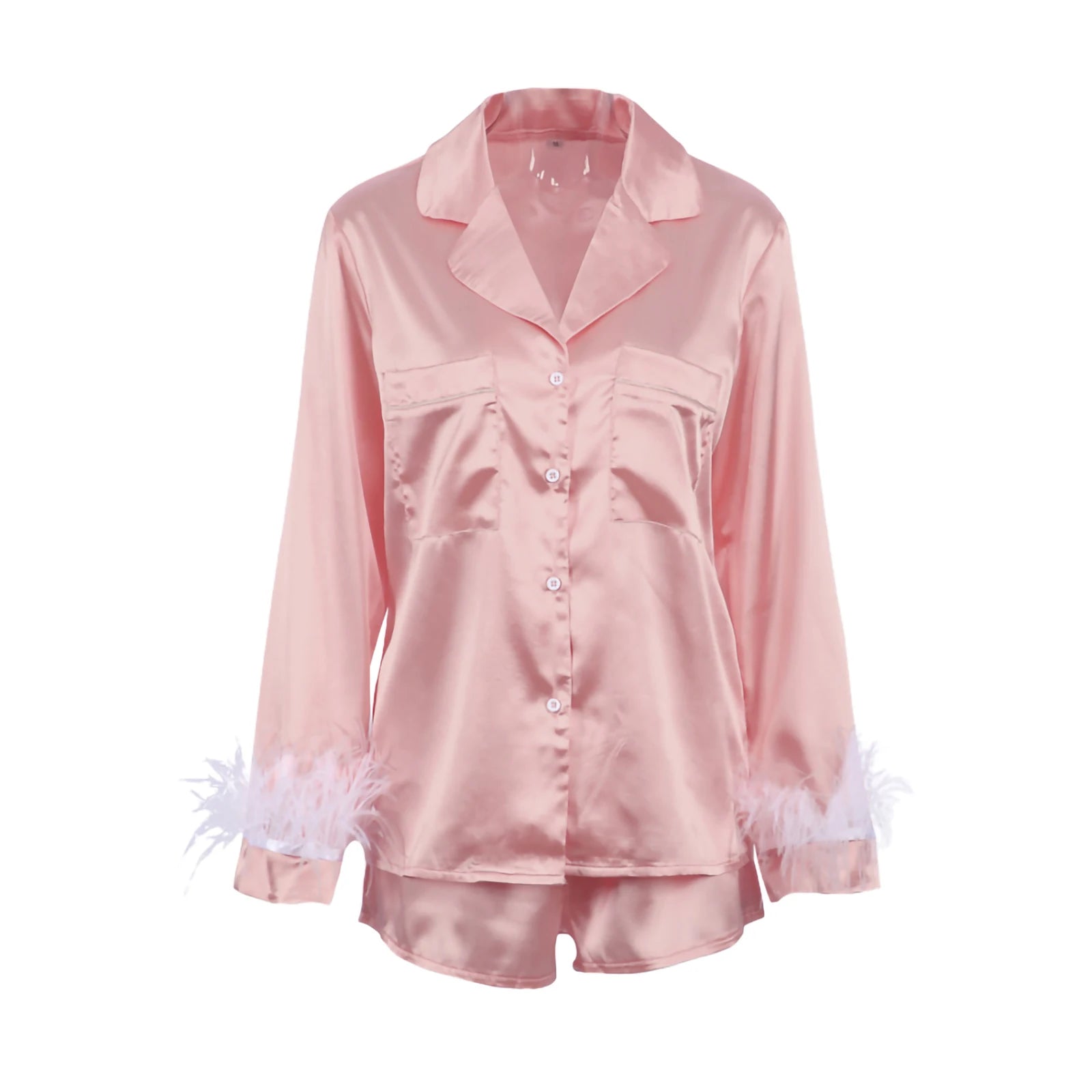 Patchwork Feather Cuffs Solid Color Long Sleeve Button Shirt with Short Pants Loose Loungewear