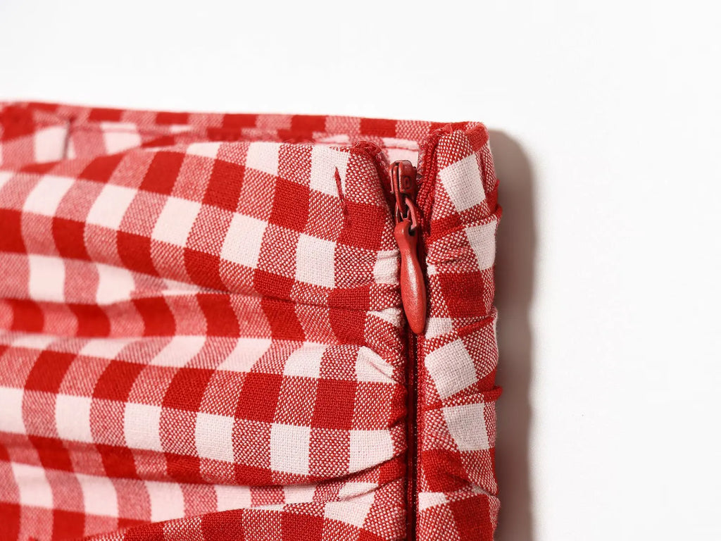 Vintage Red White Plaid 2-Piece Set Collar Zipper Sleeveless Vest+Side Slim Pant