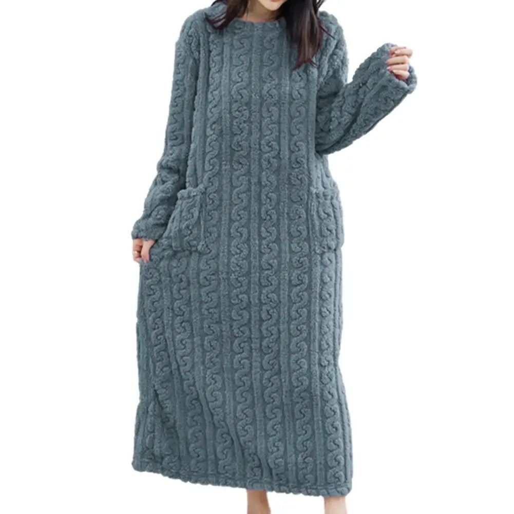 Velvet Women's Long Sleeve Double Pocket Flannel Loose Solid Sleepwear