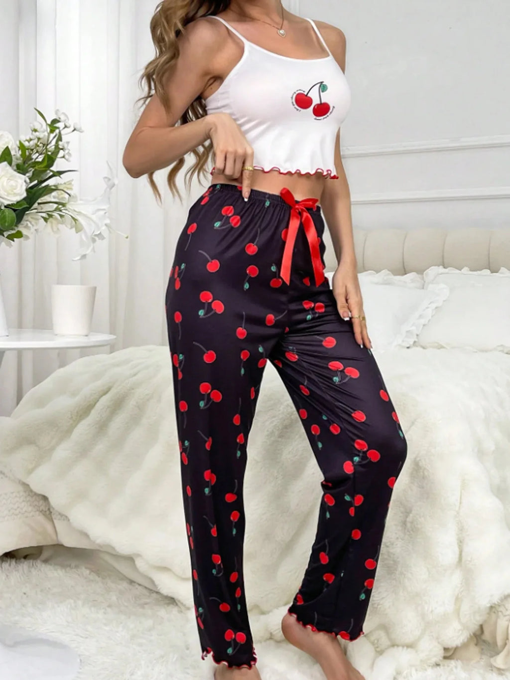 Y2K Coquette Cherry Print Pajama Cami Crop Top Pants Two Piece Loungewear