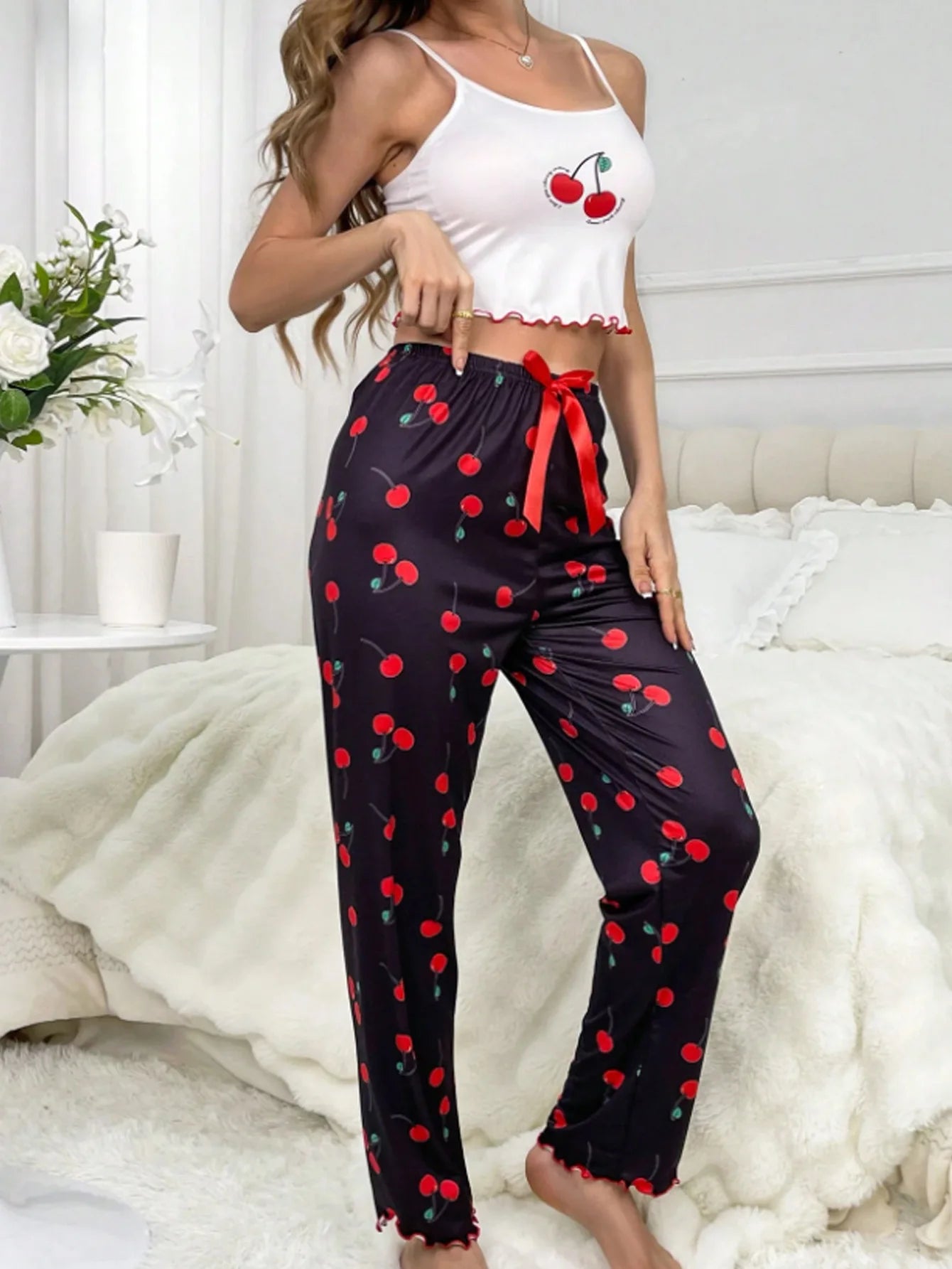 Y2K Coquette Cherry Print Pajama Cami Crop Top Pants Two Piece Loungewear