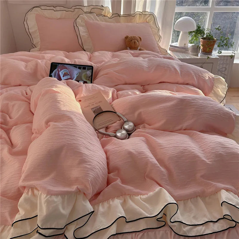 Princess Style Ruffles Bedding Set Skin-friendly Soft Duvet Cover Set Bed Sheet Or Bed Skirt Pillowcases 3/4Pcs