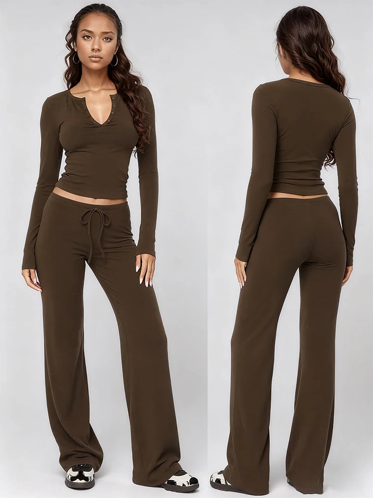 Women's Coffee Two-Piece Pajamas Set Long Sleeve Pullover Comfortable Shirt Drawstring Waist Cinching Pants Loungewear