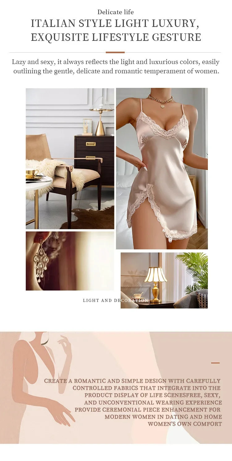 Lace Trim V Neck Backless Side Split Slip Sleep Dress
