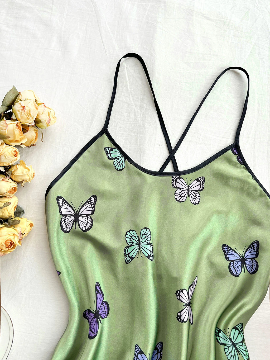 Silk Stain Butterfly Printed Slip Sexy Backless Nightdress