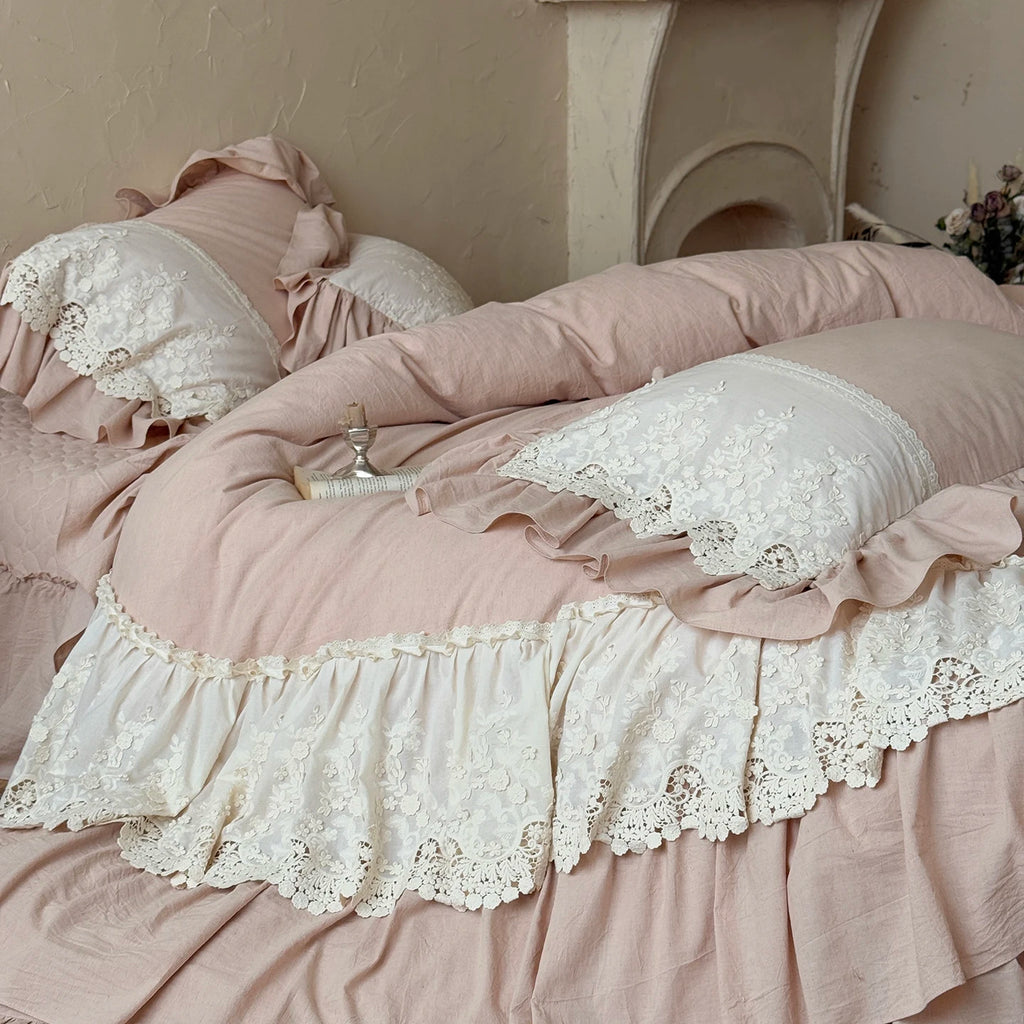 Romantic French Double Layer Lace Ruffles Bedding Set 20% Ramie, 80% Cotton Duvet Cover Set Quilted Bedspread Pillowcases