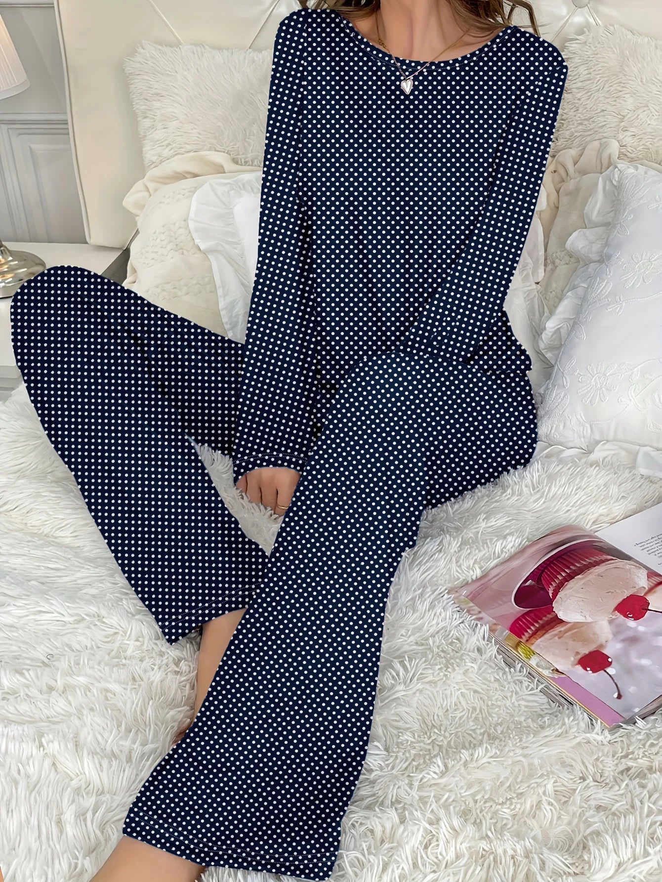 Polka Dot 2-Piece Print Long-Sleeved Women's Pajamas Set