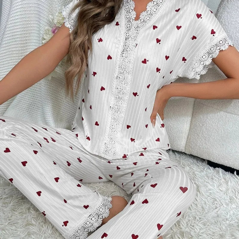 Lace Collar Printed Shirt Trousers Loungewear