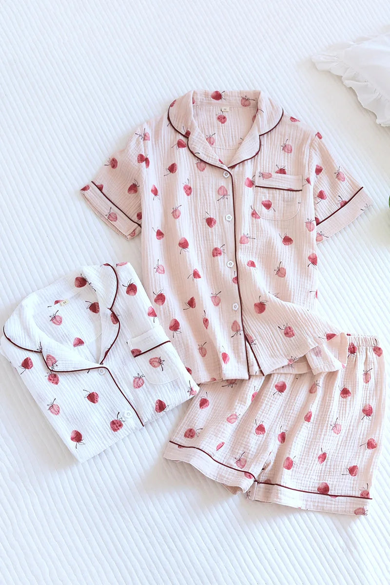 Japanese Short-sleeved Shorts Two-piece Ladies Cotton Crepe Cute Fresh Loose Set