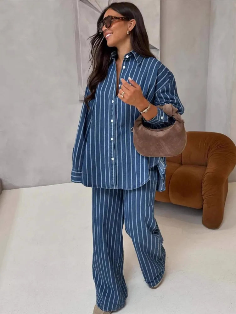 Stripe Blue Loose Long Sleeve Shirt Trousers Two Piece Set Lounge Outfit