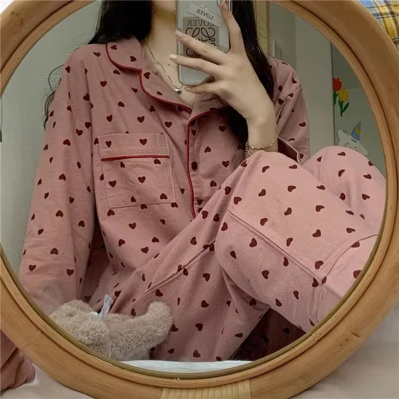 Peach Heart Long Sleeves Silk Pajamas