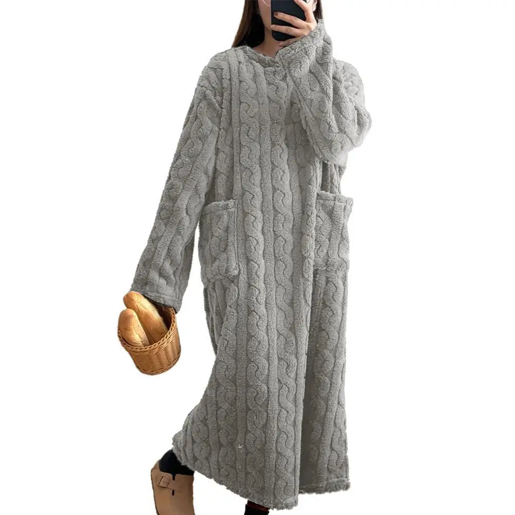 Velvet Women's Long Sleeve Double Pocket Flannel Loose Solid Sleepwear