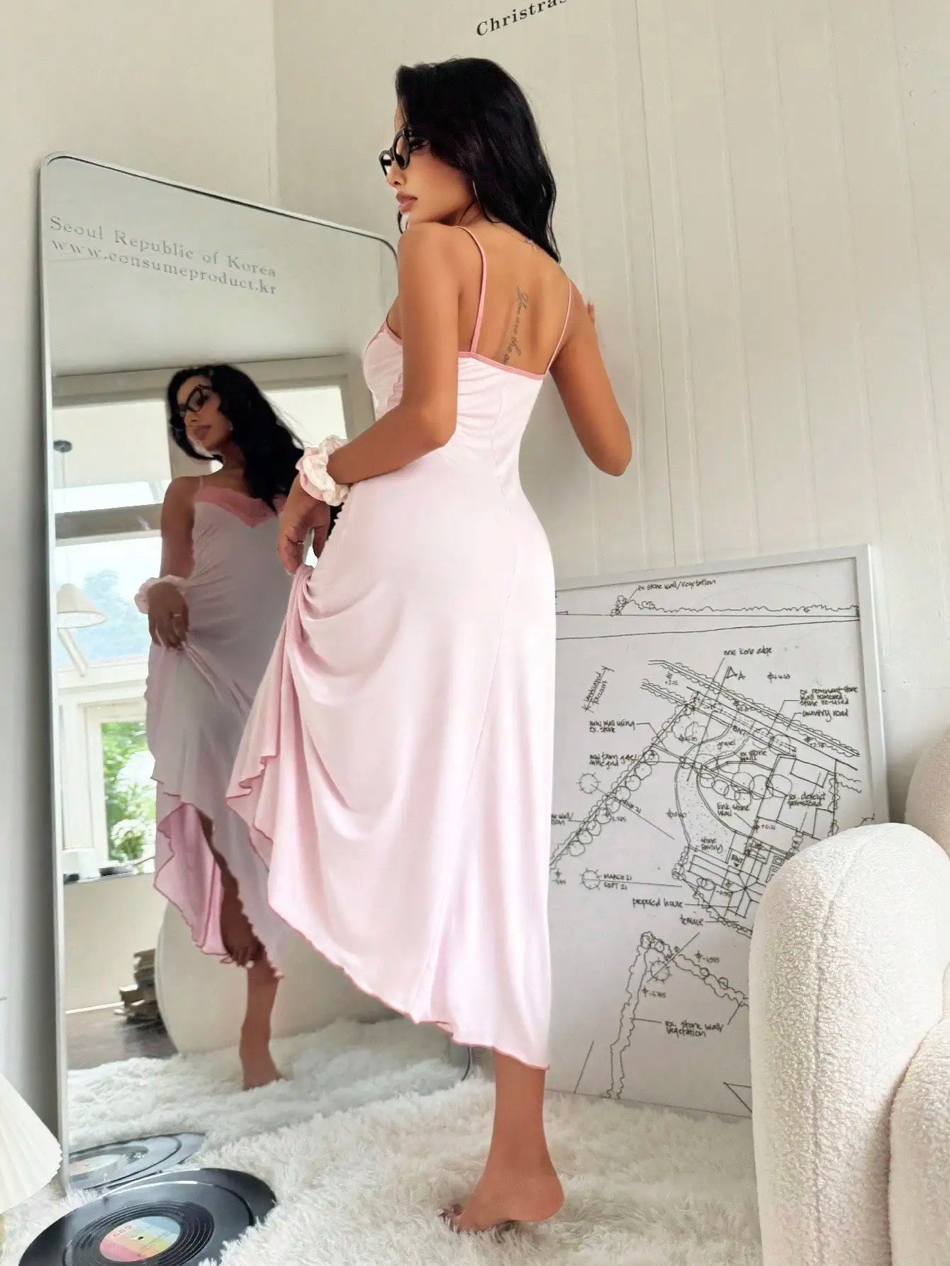 Lace Trim Nightgown Soft Satin Sleep Dress with High Slit & V-Neck