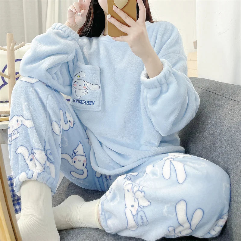 Kawaii Flannel Pullover Coral Velvet Pajamas