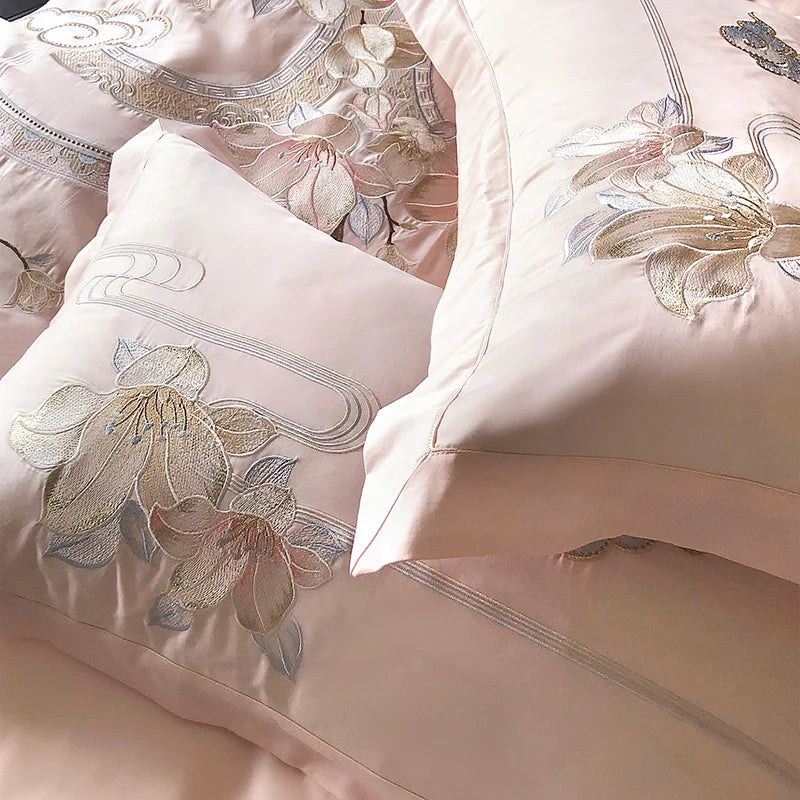 Flowers Bird Embroidery Luxury Bedding Set 1000TC Egyptian Cotton Duvet Cover Bed Sheet Pillowcases 4/5Pcs