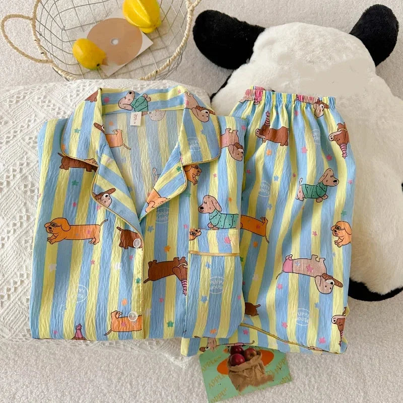 Star Striped Dog Print Kawaii Pajamas