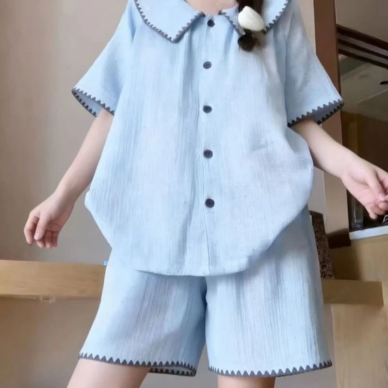 Sweet Ruffles Sets 2 Pieces Short Sleeve Night Wears