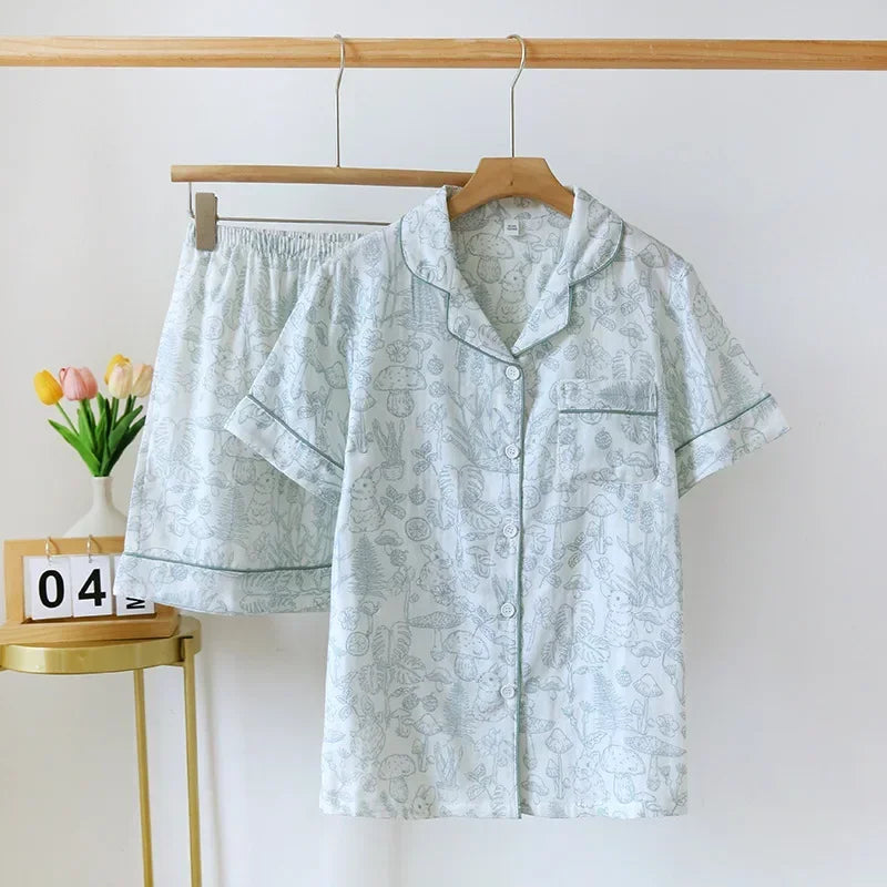 Double Layer Gauze Breathable Cotton Fashion Print Short Sleeved Soft Thin Two-piece Pajama Set
