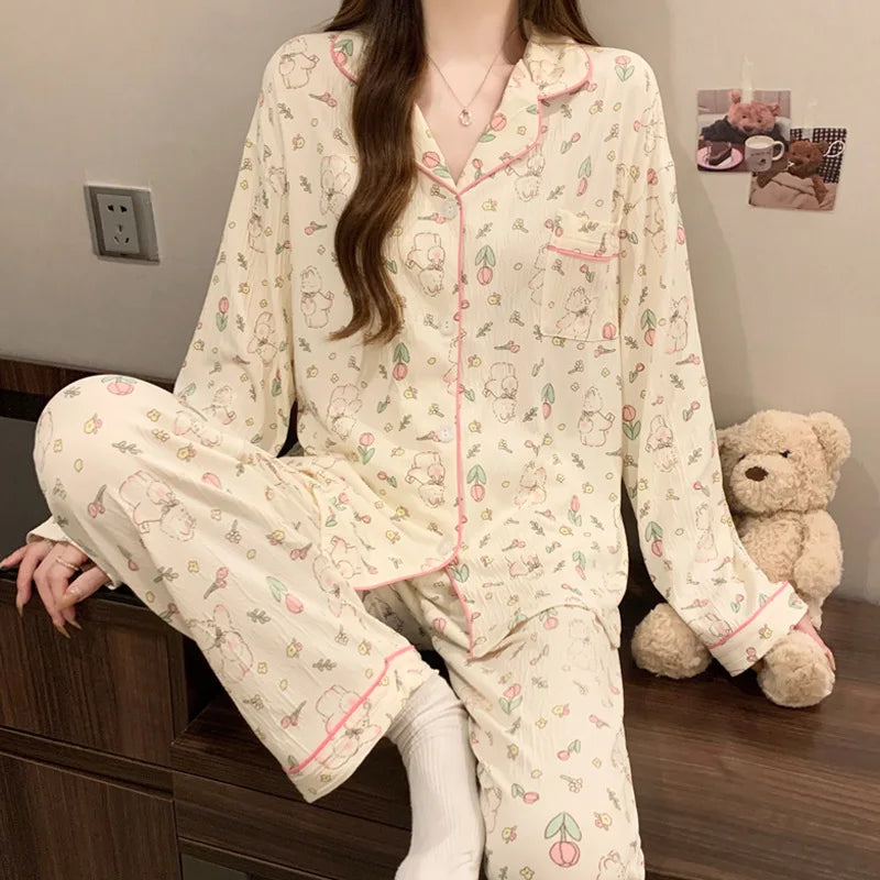 Women's Pajamas Loungewear Girl Love Cardigan Pajamas Crinkled Fabric Loungewear Long Sleeve Set