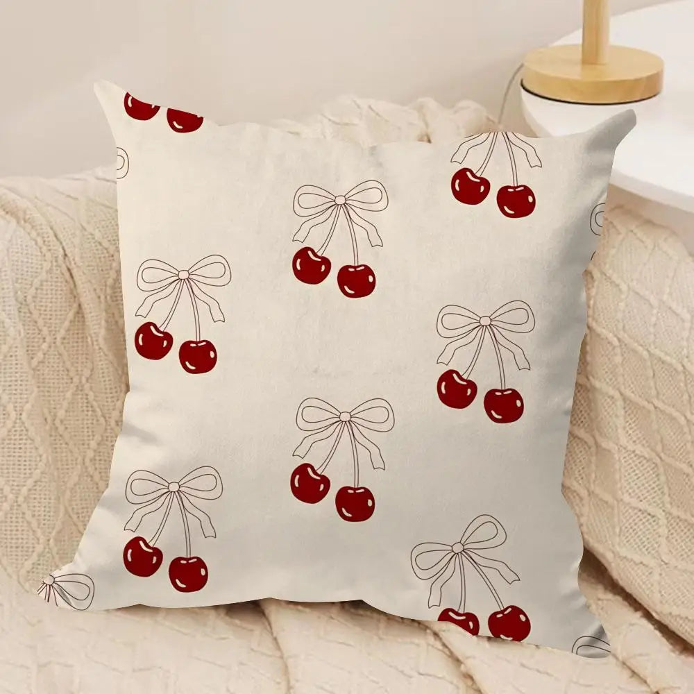 Pink Bow Cherry Cushion Cover Soft Plush Fabric Double-Sided