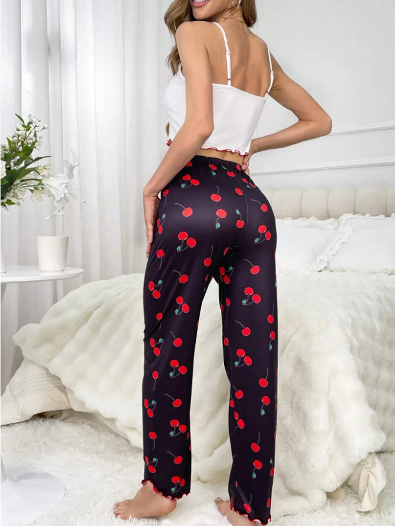 Y2K Coquette Cherry Print Pajama Cami Crop Top Pants Two Piece Loungewear