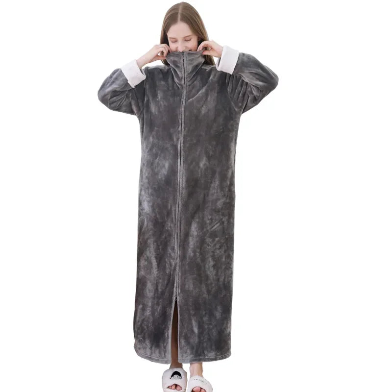 Ultra Long Thick Warm Bathrobe Thermal Flannel with Zipper
