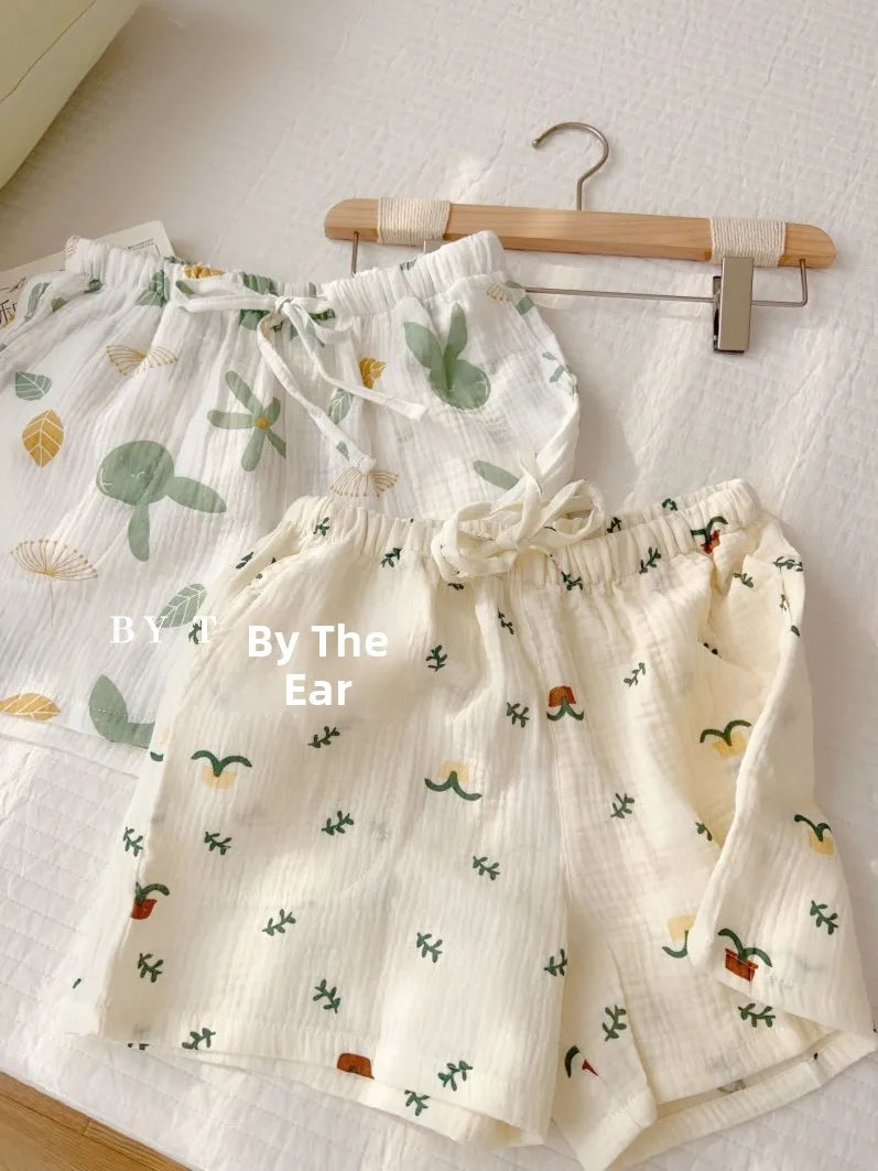 Thin Pure Cotton Bubble Cotton Gauze Sweet Loose High Waist Full Cotton Shorts