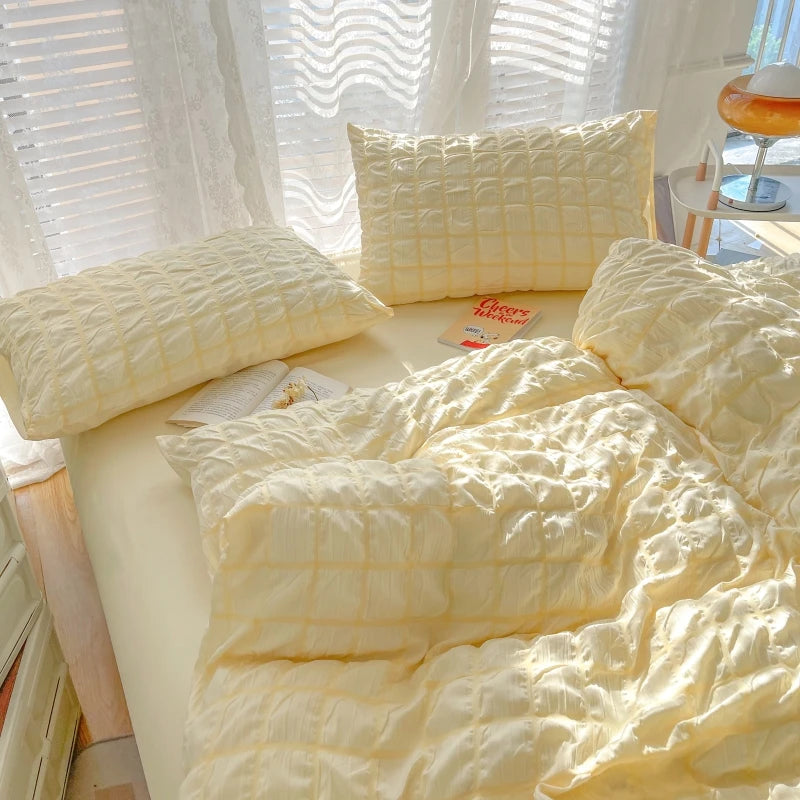 Puffy Check Bubble Fabric Set Duvet Pillowcase Bedding Sheet Quilt Cover Set