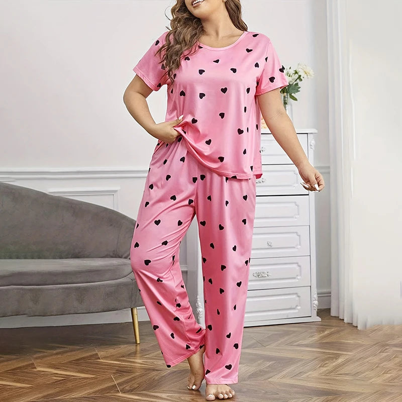 Soft Love Heart Print Short Sleeve T-shirt Top & Pants Sleepwear